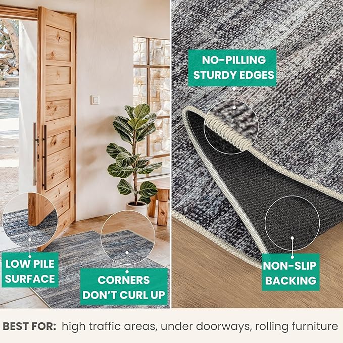Bloom Rugs Washable Non-Slip 12 ft Runner - Gray/Blue/Blush Modern Abstract Runner for Entryway, Hallway, Bathroom, and Kitchen - Exact Size: 2.5' x 12'
