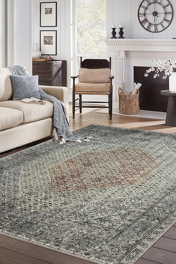 Keen Home Design 6x9 Rug - Machine Washable Area Rug with Non-Slip Backing, Ideal for Living Room, Dining Room, Bedroom - Vintage, Easy Clean, Durable, Low Pile - (6' x 9')