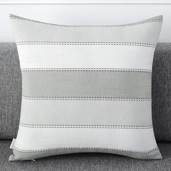 AmHoo Pack of 2 Farmhouse Stripe Check Throw Pillow Covers Set Case Cotton Linen Decorative Pillowcases Cushion Cover for Couch Bench Sofa 26x26Inch Light Grey Beige