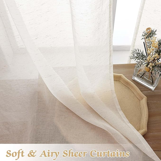 Lecloud Sheer Curtains 63 Inch Length 2 Panels Set, Natural Linen Blend Textured Curtains for Bedroom/Living Room, Farmhouse Window Curtain Drapes with Dual Rod Pocket, Each Panel 42" W x 63" L