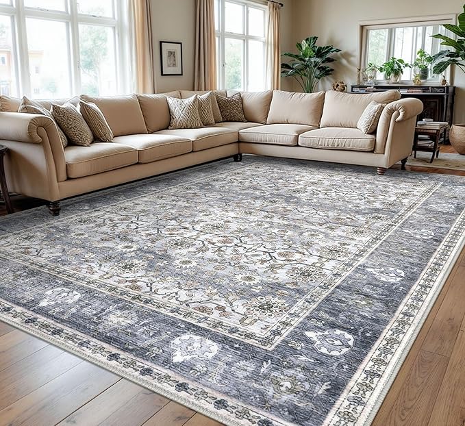 KUTA Vintage Floral Large Area Rugs 9x12 Living Room, Grey Blue Washable Bedroom Area Rug Non Slip, Ultra Thin Soft Print Distressed Low-Pile Traditional Carpet for Bedroom Dining Room Dorm Office