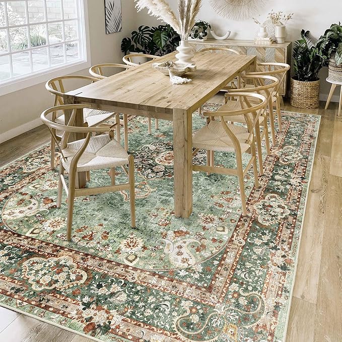 6x9 Area Rugs Washable,Green Rug for Living Room Bedroom Kitchen,Large Boho Vintage Bohemian Distressed Oriental Carpet Non Slip