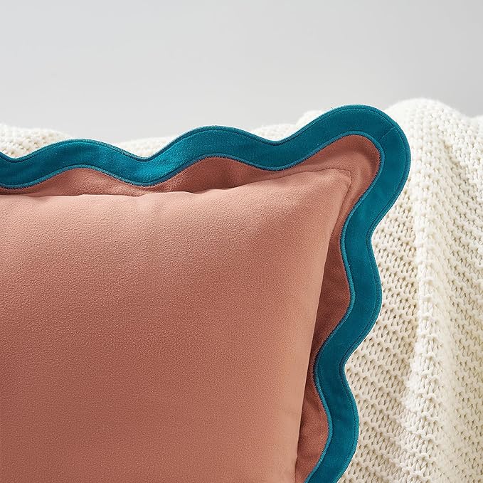 MONDAY MOOSE Decorative Throw Pillow Covers Cushion Cases, Set of 2 Soft Velvet Scalloped Wavy Edge Designs, Mix and Match for Home Decor, Pillow Inserts Not Included (20x20 inch, Teal/Pink)