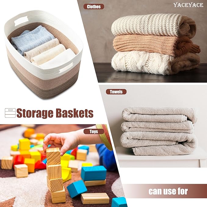 Rope Baskets for Storage, 3 Pack Foldable Baskets for Shelves, Fabric Storage Bins with Handles,Cotton Blend Bins for Home,Office,Organizing