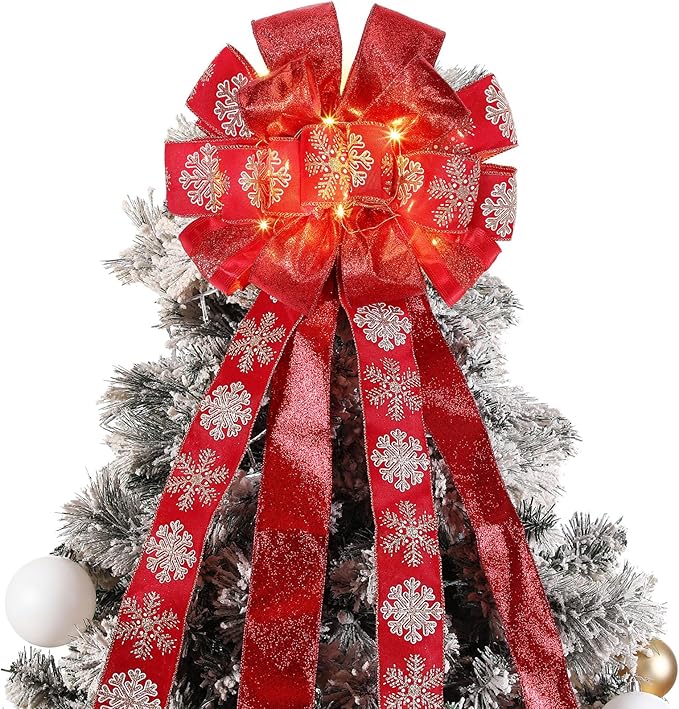 Zeyune Christmas Tree Topper 12 x 45 Inches Large Christmas Bows LED Lights Glitter Satin Mesh Streamer Snowflake Ribbon Decorative Bows for Xmas Tree Decorations Gifts(Red)