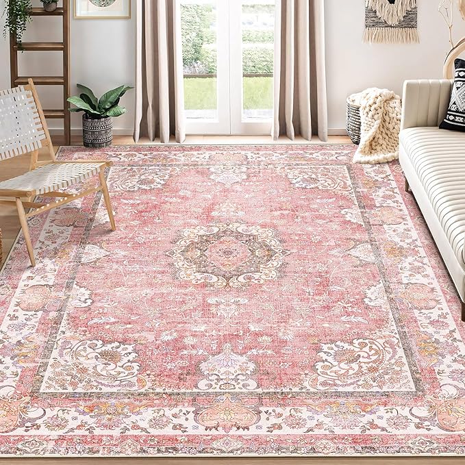 8'x10' Area Rugs Washable,Pink Rug for Living Room Bedroom Dining Room,Large Boho Vintage Bohemian Distressed Oriental Carpet Non Slip,Blush Floral Flowers