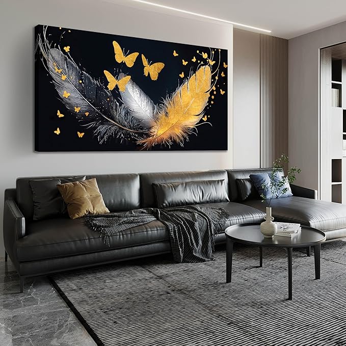 SIXTTART Feather Canvas Wall Art for Living Room - Butterfly Pictures Wall Art for Bedroom - Black White and Gold Wall Art for Office Size 29" x 59"