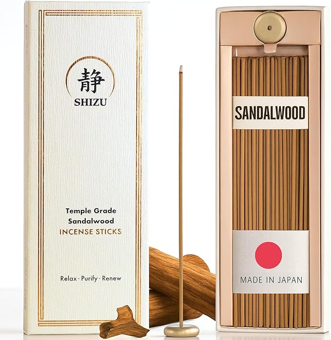 Shizu Sandalwood Incense Sticks – Temple Grade Japanese Incense with Brass Holder – Calming Scent for Relaxation, Meditation & Home Spa, Elegant Gift Set (60 Sticks)