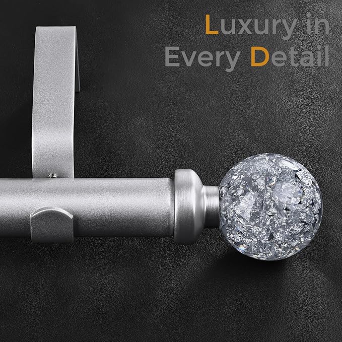 2 Pack Silver Curtain Rods for Windows 28 to 48 Inch, 1'' Heavy Duty Adjustable Drapery Rod with Unique Crystal Ball Finials, Modern Decorative Curtain Rod,Size; 30-60''