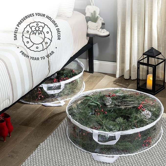 ZOBER 2 Pack Christmas Wreath Storage Container 30 Inch - Wreath Bag for Artificial Wreaths Box - Dual Zippered Wreaths Storage Bag with Durable Stitch Reinforced Handles - White