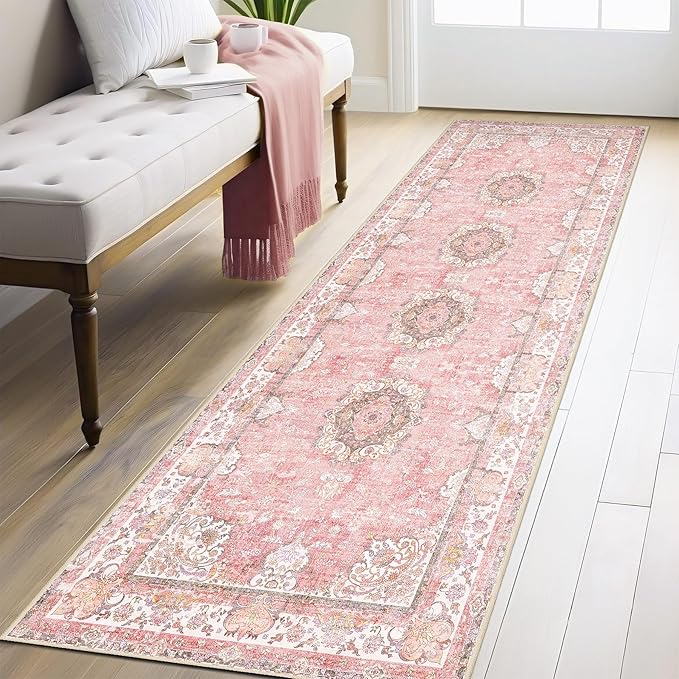 Washable Runner Rug 2'x8',Pink Rug Runners Non Slip,Long Boho Rugs for Hallways Kitchen Bathroom Bedroom Entryway,Vintage Bohemian Distressed Floor Carpet,Blush Floral Flowers