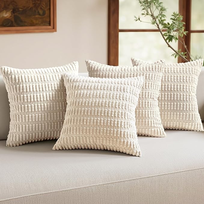 MIULEE Pack of 4 Cream White Corduroy Decorative Throw Pillow Covers 20x20 Inch Soft Boho Striped Pillow Covers Modern Farmhouse Home Decor for Sofa Living Room Couch Bed