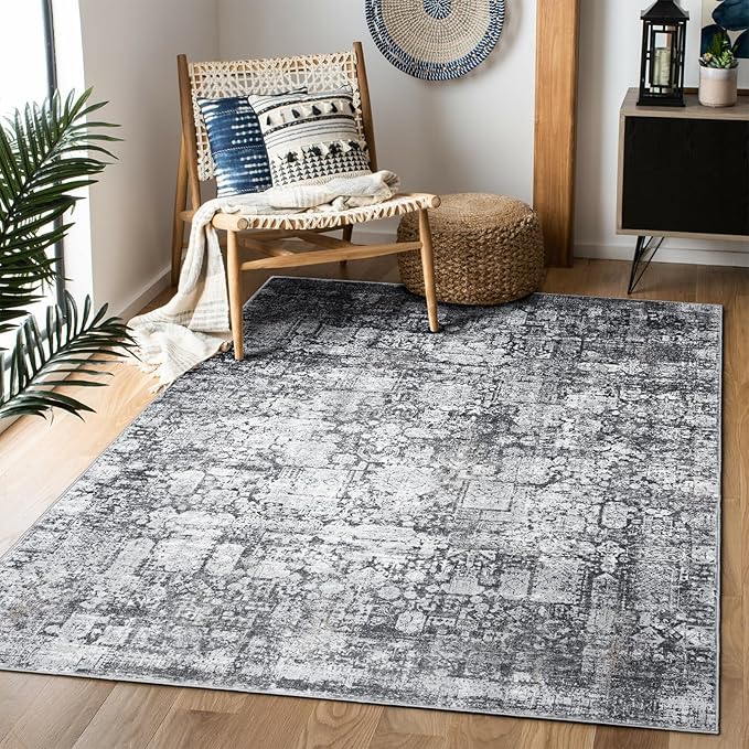 Area Rug 4×6, Vintage Boho Rug,Ultra-Soft Low Pile, Washable, Non Slip,Stain Resistant Printed Carpet for Living Room Bedrooms Playroom Office Kitchen, Dark Stone