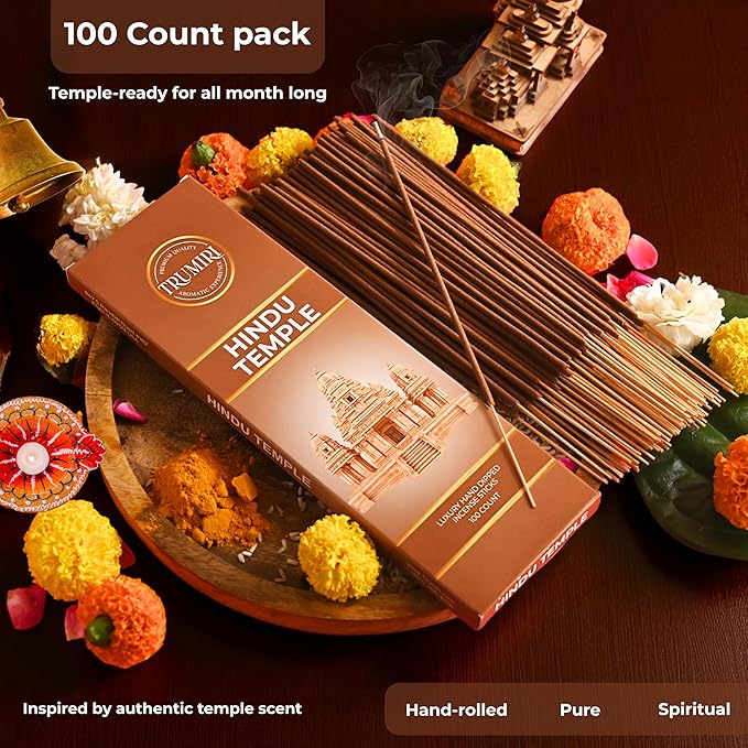 Hindu Temple Incense Sticks - Pack of 100 Insence-Sticks - Made with Natural Non Toxic Raw Ingredients - Sacred Insence Indian Spiritual Agarbatti Insense