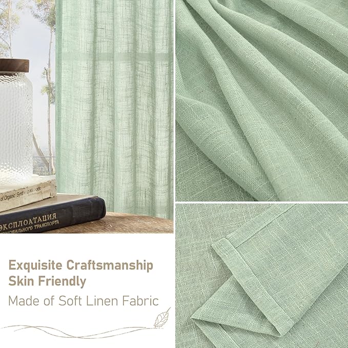 LAMIT Fresh Green Linen Curtains for Living Room, 80 Inch Faux Linen Textured Light Filtering Drapes Back Tab and Rod Pocket Boho Panels for Farmhouse/Bedroom/Porch, 52 x 80 Inch, 2 Panels Set