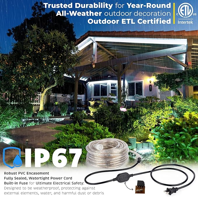 WYZworks 108LEDs, 10ft LED Outside Rope Lights, Waterproof Permanent Outdoor ETL Certified Connectable Clear Tube, Christmas Palm Tree Holiday Decorative Landscape Patio Accent Lighting - Cool White