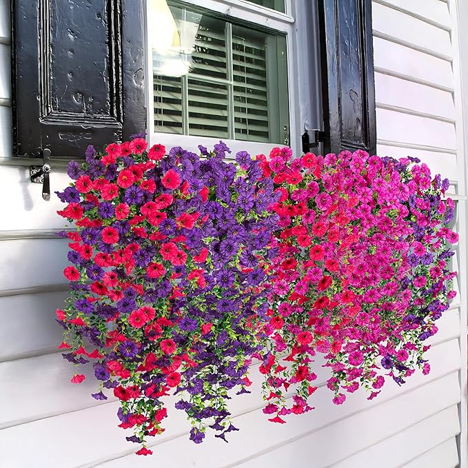 Artificial Hanging Flowers for Outdoor, 2pcs Fake Plants Long Vine Morning Glory Eucalyptus, UV Resistant Realistic Faux Greenery Indoor Outside Patio Porch Garden Spring Summer Decor, Dark Purple