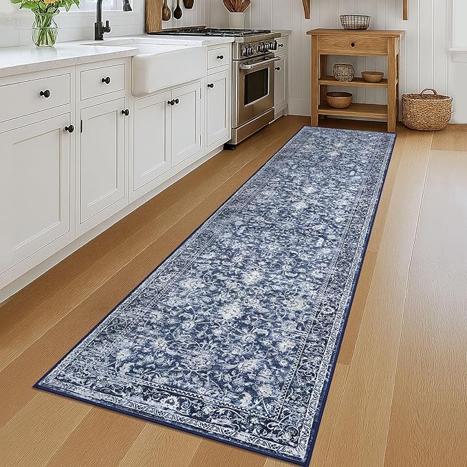KILOCOCO Runner for Hallway 2.6x12 Runner Rug Printed Vintage Floral Washable Rug Kitchen Runners Soft Non-Slip Low Pile Hallway Runners Laundry Room Distressed Boho Rugs, Blue