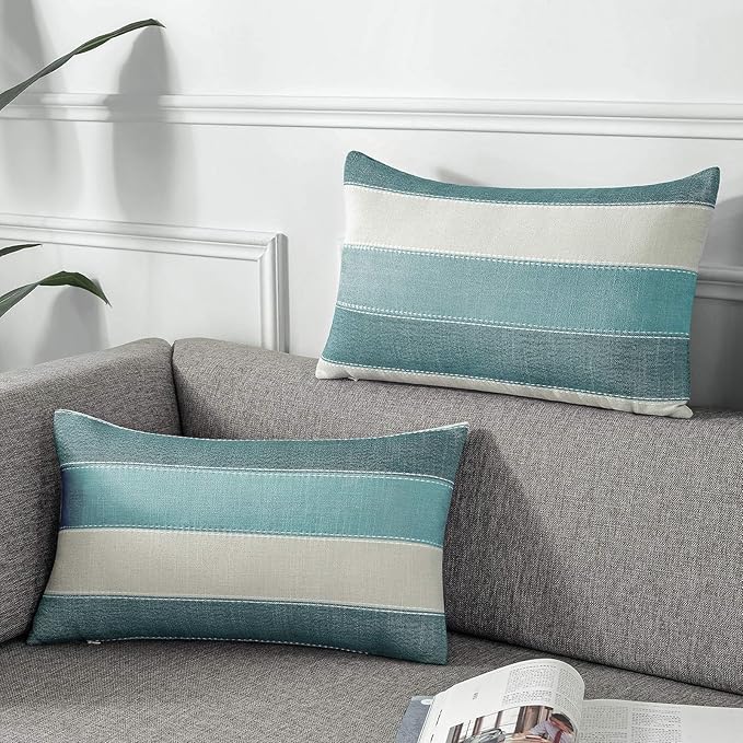 AmHoo Pack of 2 Farmhouse Stripe Check Throw Pillow Covers Set Case Cotton Linen Decorative Pillowcases Cushion Cover for Couch Bench Sofa 12x20Inch Teal Blue