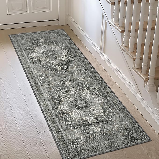 GENIMO 2'6"x8 Runner Rugs for Hallway, Machine Washable Non Slip Vintage Rugs, Low Pile Lightweight Soft Print Rug for enrtyway, Corridor, Home Office, Kitchen, Charcoal Gray