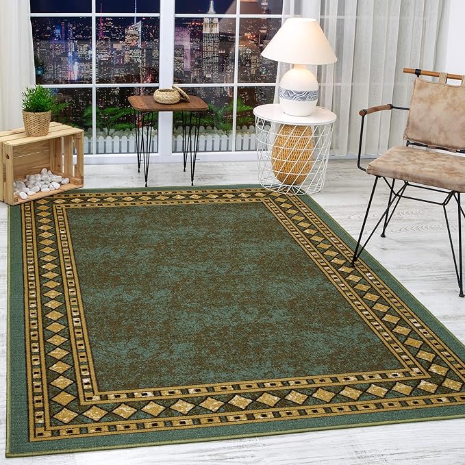 Antep Rugs Alfombras Modern Bordered 3x5 Non-Skid (Non-Slip) Low Profile Pile Rubber Backing Indoor Area Rugs (Green, 3' x 5')