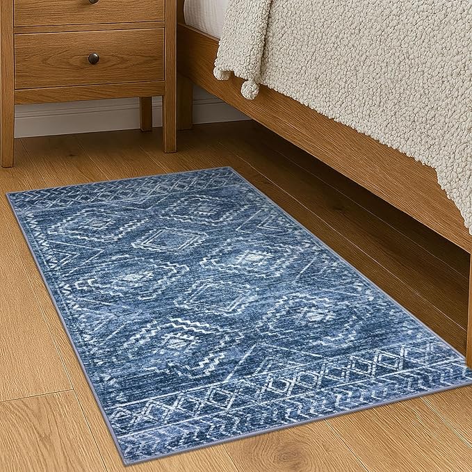 KILOCOCO Entryway Rug 2x3 Small Washable Rug Door Mat Indoor Soft Non Slip Printed Blue Kitchen Rugs for Bedroom Entry Front Door Geometric Boho Throw Rugs, Stonewashed Blue