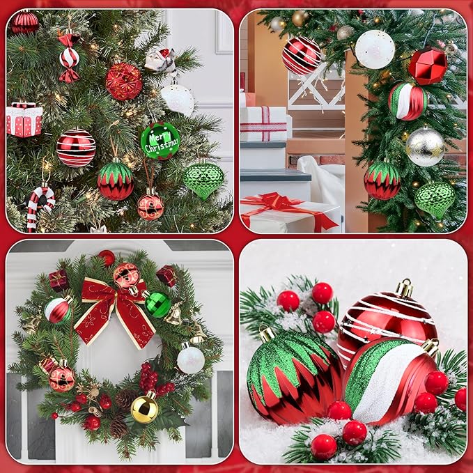 AWSL Christmas Tree Ornaments - 113PCS Set, Red Green White Gold Silver, Shatterproof, Hanging Xmas Tree Decorations
