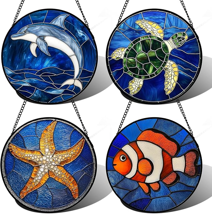 Stained Glass Window Hanging 4 Pcs Set Blue Ocean Turtle Dolphin 9.8" - Marine Life Suncatcher Garden Sun Catcher Decor Birthday Mother's Day for Mom Woman Nana Men