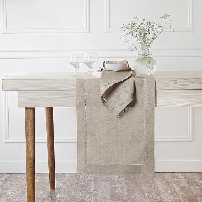 D'Moksha Homes Linen Natural Table Runner 120 Inches Long - 100% Pure Linen Hemstitch 14 x 120 Inch Table Runner for Dining, Valentines, Spring, Easter - Classic Hemstitch