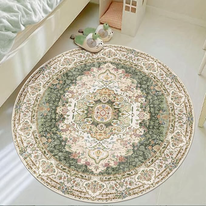 Green Round Rug 4ft,Circle Washable Area Rugs for Bedroom Bathroom Entryway,Boho Vintage Bohemian Distressed Oriental Carpet Non Slip,Sage Floral
