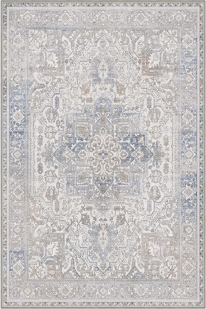 GENIMO 8x10 Area Rugs for Living Room, Machine Washable Non Slip Vintage Retro Rugs, Low Pile Lightweight Thin Print Rug for Bedroom, Dining Room, Home Office, Khaki Blue