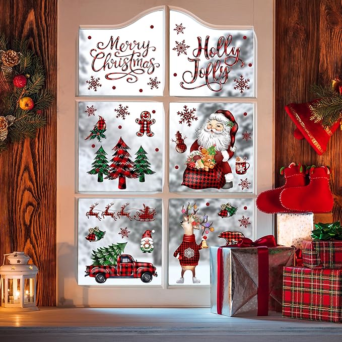 BORAMDO Christmas Window Clings 12 Sheets, Buffalo Plaid Xmas Window Decals Stickers Removable Holiday Decorations for Home & Office, 12 Styles