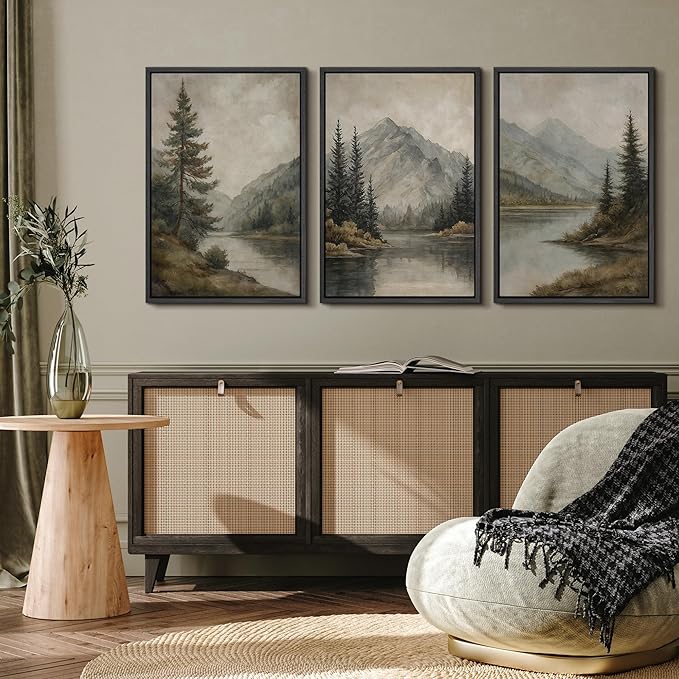 MUDECOR Framed Wall Art Print Set Mountain Landscape Nature with Trees, Lake, and Mountains, Rustic Illustrations Modern Art Decorative Colorful for Living Room, Bedroom, Office - 16"x24"x3 Black