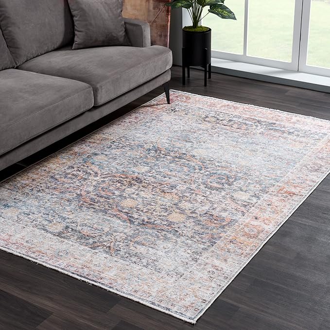 Bloom Rugs Washable Non-Slip 2x3 Rug - Ocean Blue/Brick Traditional Oriental Area Rug for Living Room, Bedroom, Dining Room, and Kitchen - Exact Size: 2' x 3'