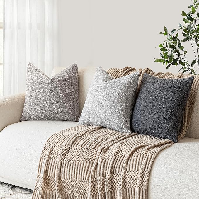Foindtower Pack of 2, Decorative Textured Boucle Throw Pillow Covers Accent Solid Pillow Cases Cozy Soft Couch Cushion Case for Chair Sofa Bedroom Living Room Home Decor 22 x 22 Inch Neutral Grey