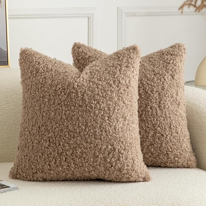 Pack of 2 Curly Teddy Wool Faux Fur Throw Pillow Covers Fuzzy Accent Soft Sherpa Pillowcases Sheepskin Fleece Decorative Cushion Case for Sofa Couch Living Room 22x22 Inch Khaki