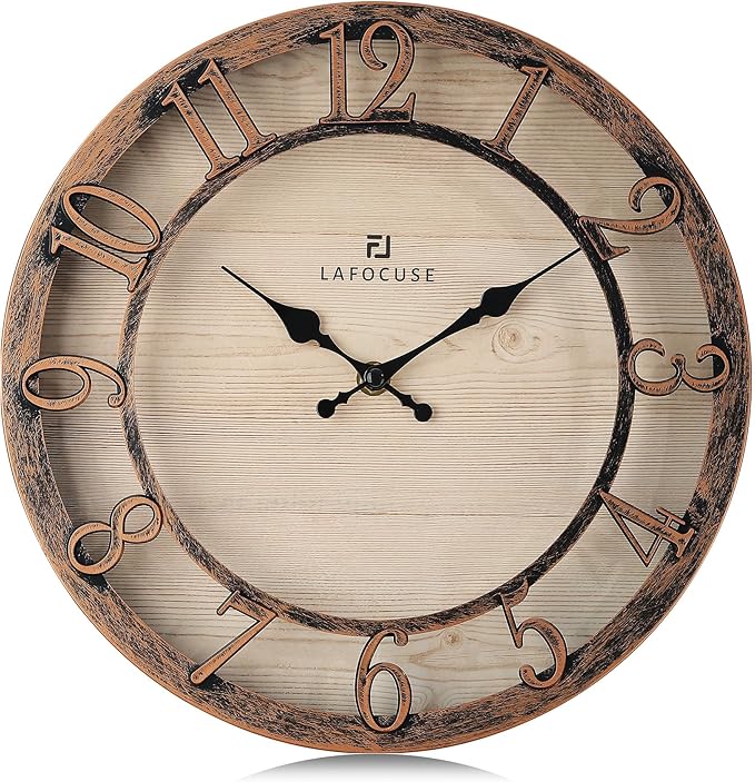 Lafocuse 12 Inch Silent Brown Wall Clocks Battery Operated, Farmhouse Wall Clock Analog for Kitchen Living Room, Rustic Home Décor