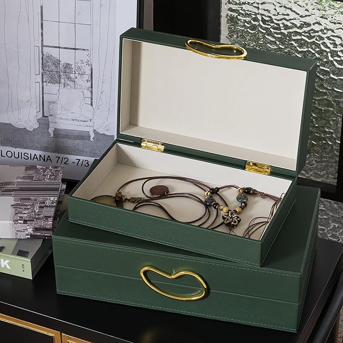 Soul & Lane Faux Leather Decorative Boxes with Lids for Home Decor, Set of 2 Stacking Hinged Boxes for Coffee Table and Living Room Shelves, Nesting Remote Control Holder, Forest Green