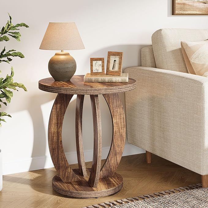 Tribesigns End Table, Round Side Table with Storage, Farmhouse Nightstand Bedside with Round Tabletop, Accent End Table for Living Room Bedroom Small Space, Wooden Accent Furniture (1, Dark Brown)