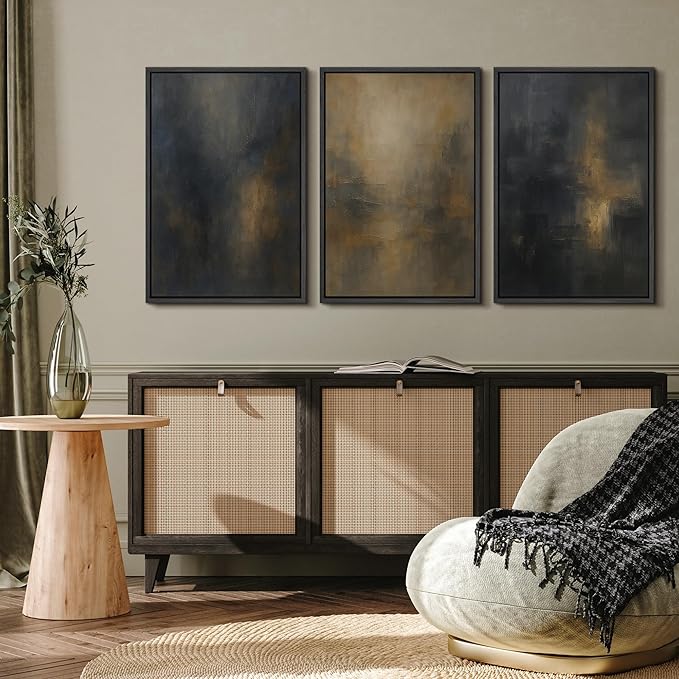 MUDECOR Framed Wall Art Print Set Dark Abstract Modern Contemporary in Navy Blue and Gold Brushstrokes Illustrations Modern Art Decorative Colorful for Living Room, Bedroom, Office - 16"x24"x3 Black