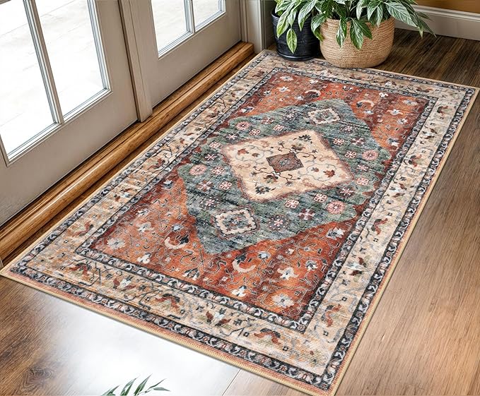 KOZYFLY Boho Area Rug 3x5 Ft Rugs for Entryway Washable Entry Rug Non Slip Door Mat Indoor Entrance Rust/Orange/Blue Printed Faux Wool Vintage Kitchen Rug Throw Rugs for Entrance Kitchen Living Room