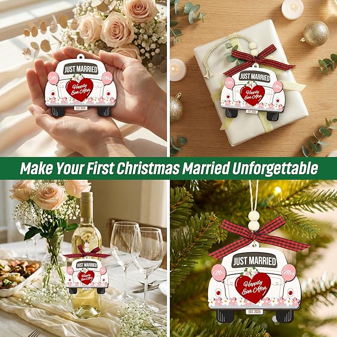 Wedding Gifts for Couples 2025, First Christmas Married Ornament 2025 - Just Married Wooden Ornament - Mr and Mrs Bridal Shower Gifts for Bride Newlyweds, Wedding Gift for Christmas Decorations