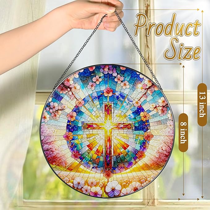 8 Inches Cross Stained Glass Suncatcher, Stained Glass Window Hanging, Spiritual Sun Catcher, Cross Ornament Gift, Christian Home Decor, Christian Gifts, Religious Gifts, Gift for Christmas