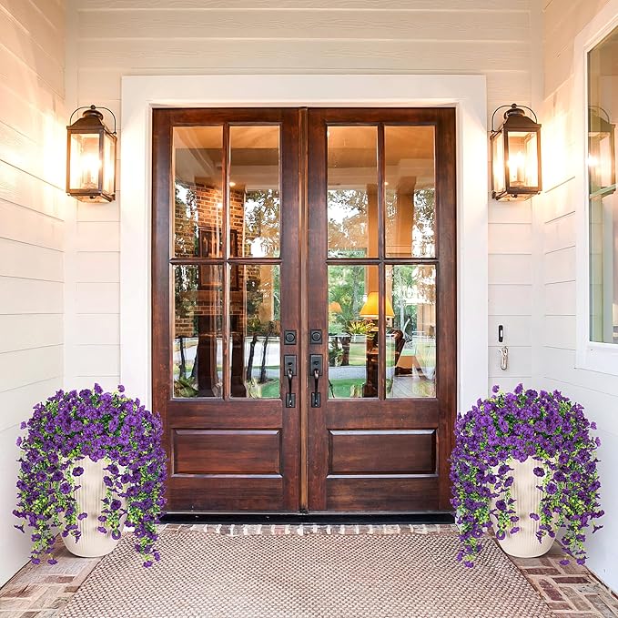 Artificial Hanging Flowers for Outdoor, 2pcs Fake Plants Long Vine Morning Glory Eucalyptus, UV Resistant Realistic Faux Greenery Indoor Outside Patio Porch Garden Spring Summer Decor, Dark Purple