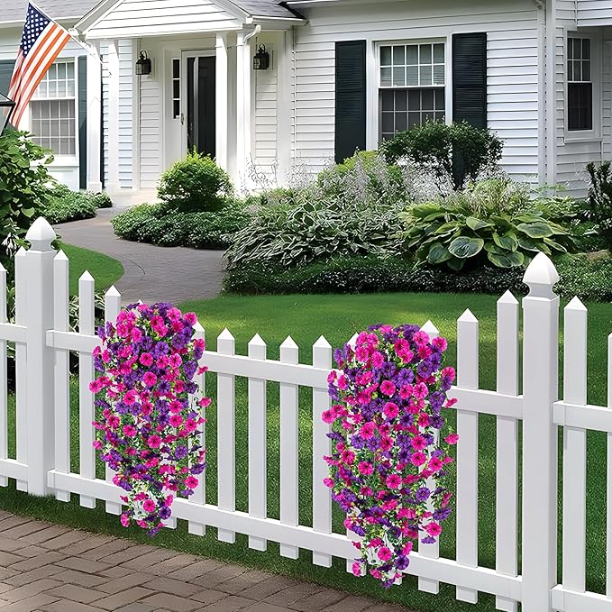 Artificial Hanging Flowers for Outdoor, 2pcs Fake Plants Long Vine Morning Glory Eucalyptus, UV Resistant Realistic Faux Greenery Indoor Outside Patio Porch Garden Spring Summer Decor, Purple