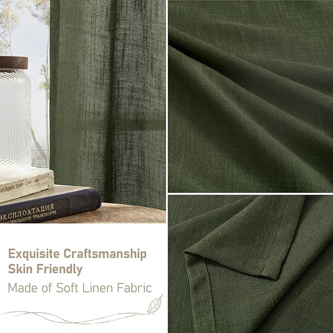 LAMIT Olive Green Linen Kitchen Curtains 30 Inch Length, Semi Sheer Light Filtering Window Panels Back Tab and Rod Pocket Drapes for Basement/Small Windows, 25 x 30 Inch, 2 Panels