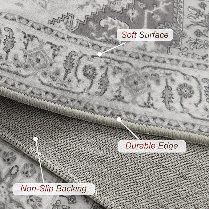 XWZO Washable Hallway Runner Rug 2x8ft — Non-Slip Low Pile Area Rug with Rubber Backing, Spill Resistant Soft Vintage Floor Carpet Runner for Kitchen Entryway Doorway Bedroom Corridor, Grey