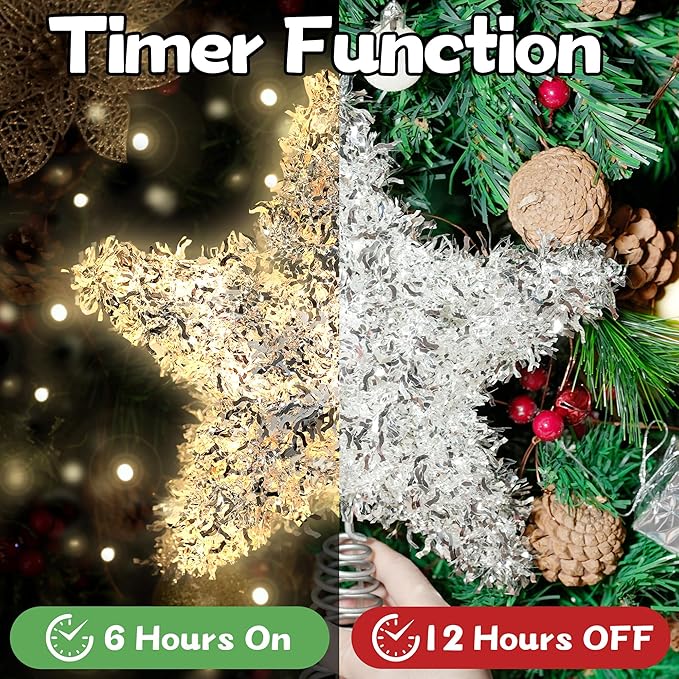 Christmas Tree Topper Star Silver Tinsel Star Tree Topper 10 Inch Lighted Tree Topper Battery Operated Christmas Tree Decoration for Holiday Indoor Decoration Warm White Light