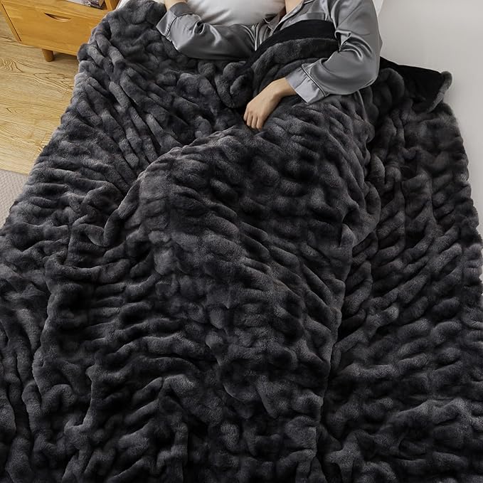 WDCOZY Ruched Faux Fur Throw Blanket Soft Cozy Fluffy Luxurious Blankets Couch Bed Sofa Chair Home Decor Warm Furry Fall Winter Plush Rabbit Fur Bubble Blanket 50" x 60", Dark Grey