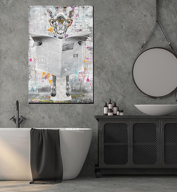 GUGIKA Giraffe Wall Art for Bathroom, Funny Graffiti Animal Picture Aesthetic for Bedroom, Black and White Wall Decor for Living Room, Big Restroom Decor, 24x36 Inch